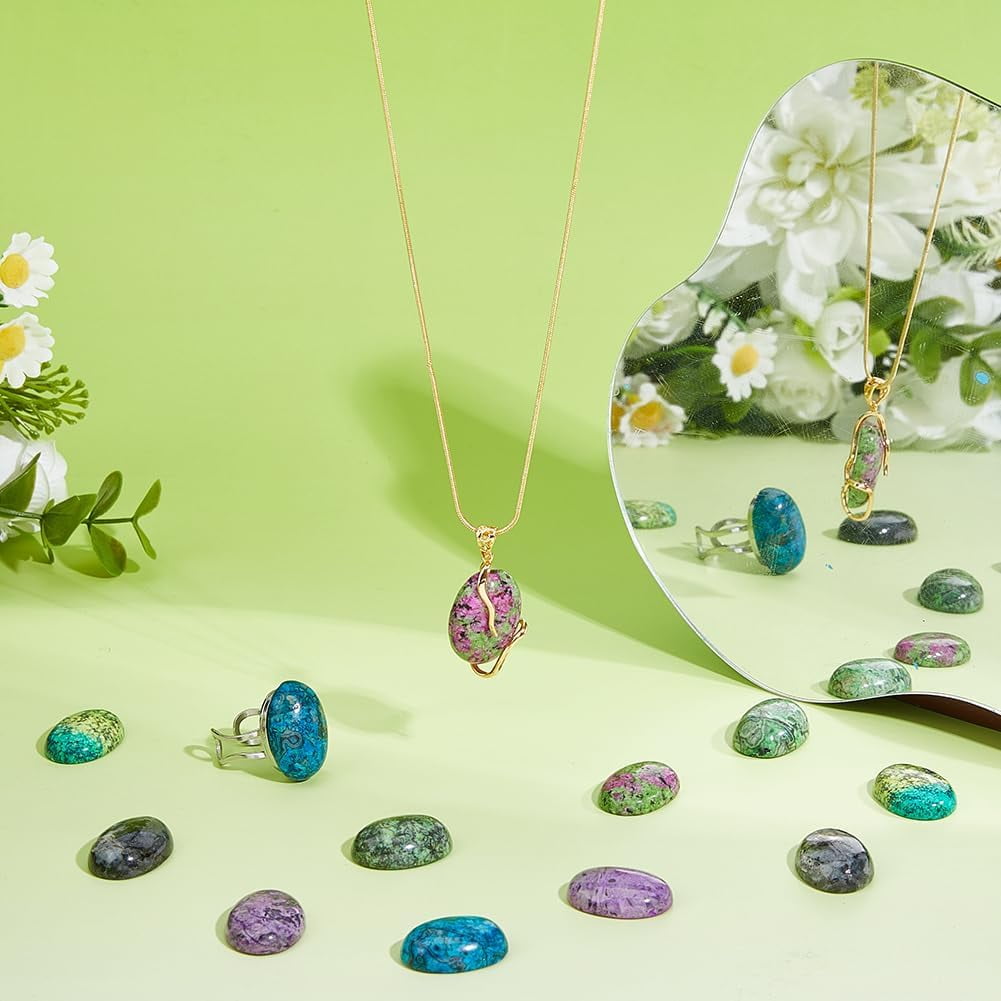 12Pcs 6 Styles Jasper Oval Gemstone Cabochons Semi-Precious Gemstones Quartz Agate Cabochon Dyed Flatback Stone Cabochon for DIY handcrafting