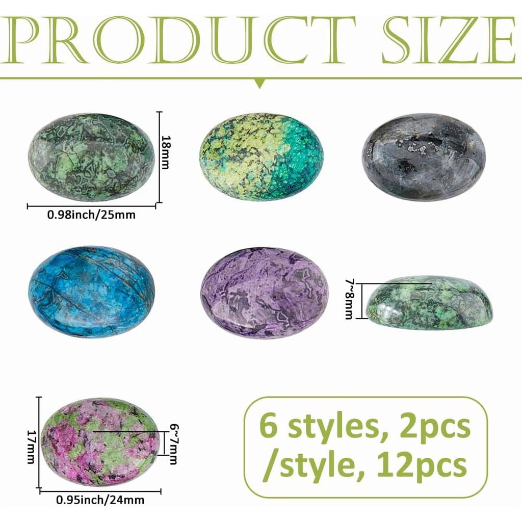 12Pcs 6 Styles Jasper Oval Gemstone Cabochons Semi-Precious Gemstones Quartz Agate Cabochon Dyed Flatback Stone Cabochon for DIY handcrafting