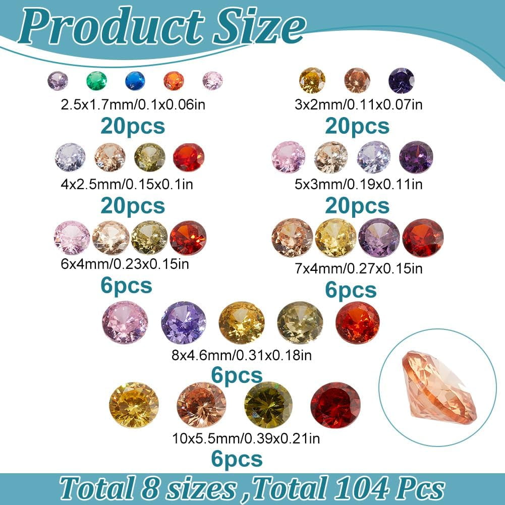 104 Pcs 8 Sizes Clear Cubic Zirconia Stone Loose CZ Stones Faceted Cabochons Rhinestone Pointed Back Diamante Gems for Nail Art Earring Bracelet Pendants DIY Craft Making