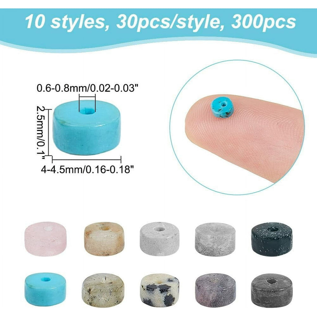300 Pcs 10 Styles Natural Stone Heishi Beads 4mm Mixed Disc Gemstone Beads Strands Flat Round Stone Beads Loose Spacer Stone Beads for Bracelet Jewelry Making Hole: 0.6-0.8mm diy