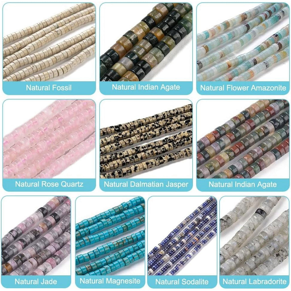 300 Pcs 10 Styles Natural Stone Heishi Beads 4mm Mixed Disc Gemstone Beads Strands Flat Round Stone Beads Loose Spacer Stone Beads for Bracelet Jewelry Making Hole: 0.6-0.8mm diy